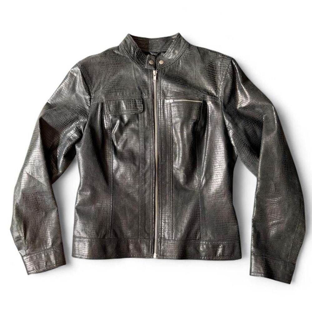 i.e. Black Croc Embossed Leather Zip Front Jacket Women’s Small